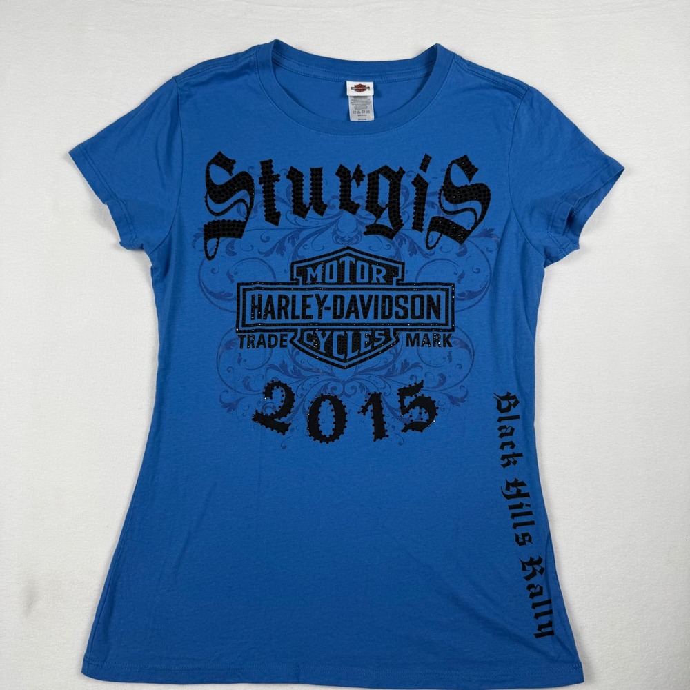 Harley Davidson Sturgis 2015 Black Hills Rally Blue Rhinestone Graphic‎ Tee M